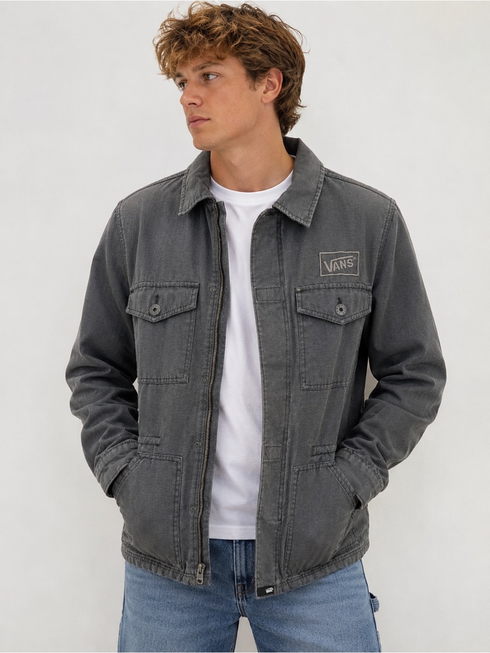 Vans Gray‎ Herringbone Utility Jacket Men’s Small Full Zip Button Front Workwear
